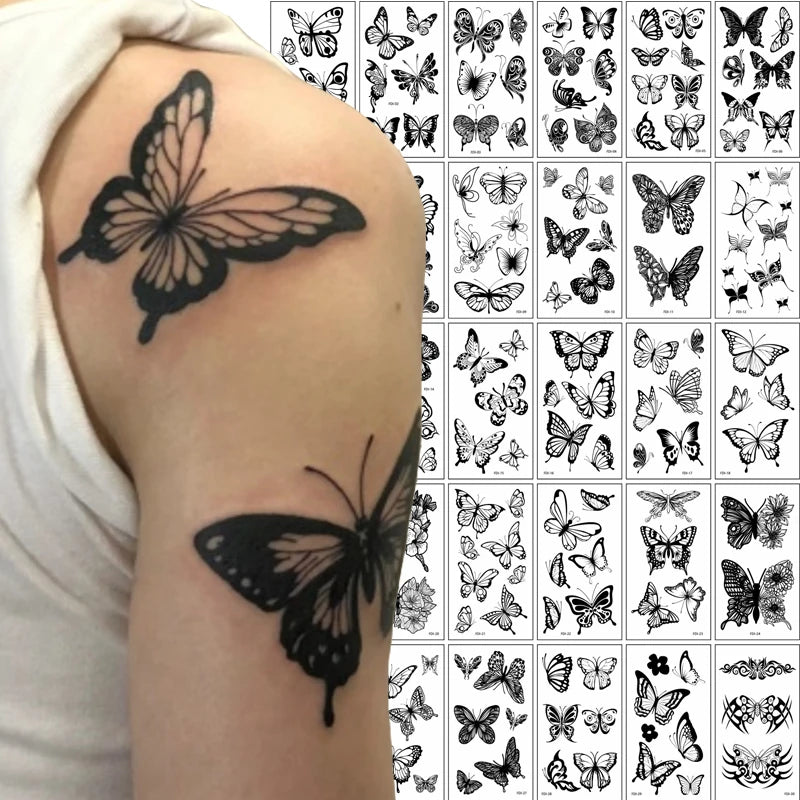 3D Black Butterfly Temporary Tattoo — 30pcs Waterproof Transfer Set for Women