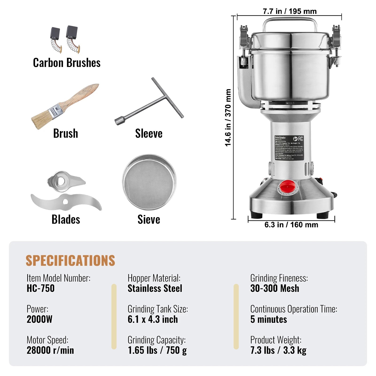 SucceBuy Commercial Grain Mill Grinder — 150-2500g Electric Swing Spice Grinder