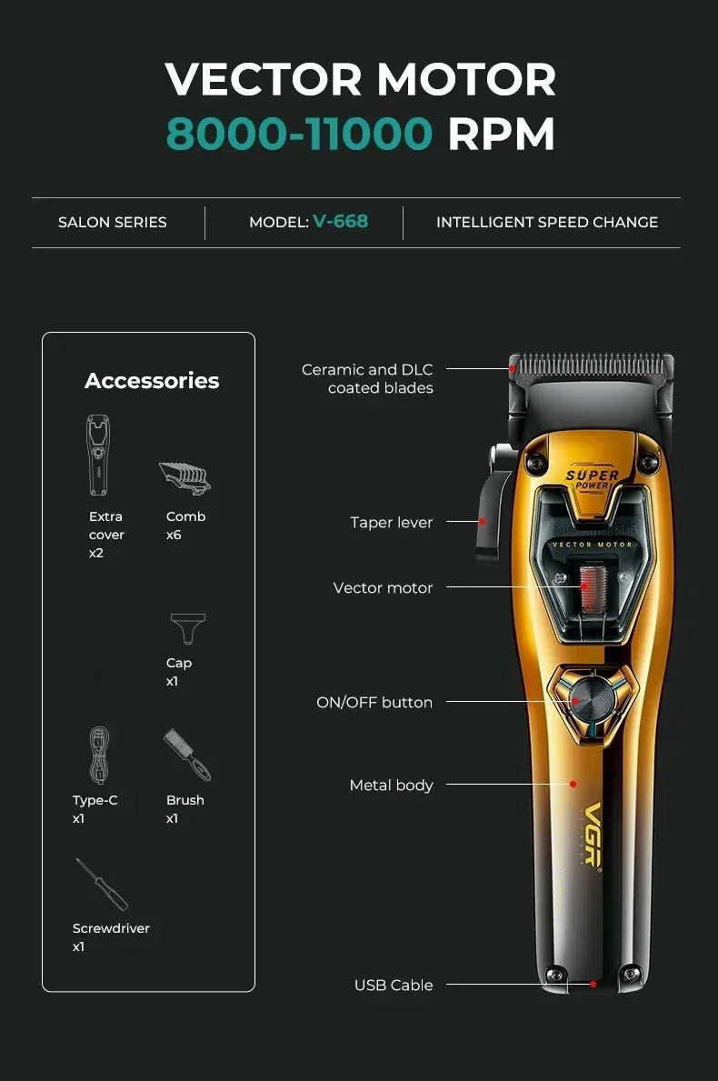 VGR V-668 Professional Barber Hair Trimmer — Cordless Electric Clipper for Men