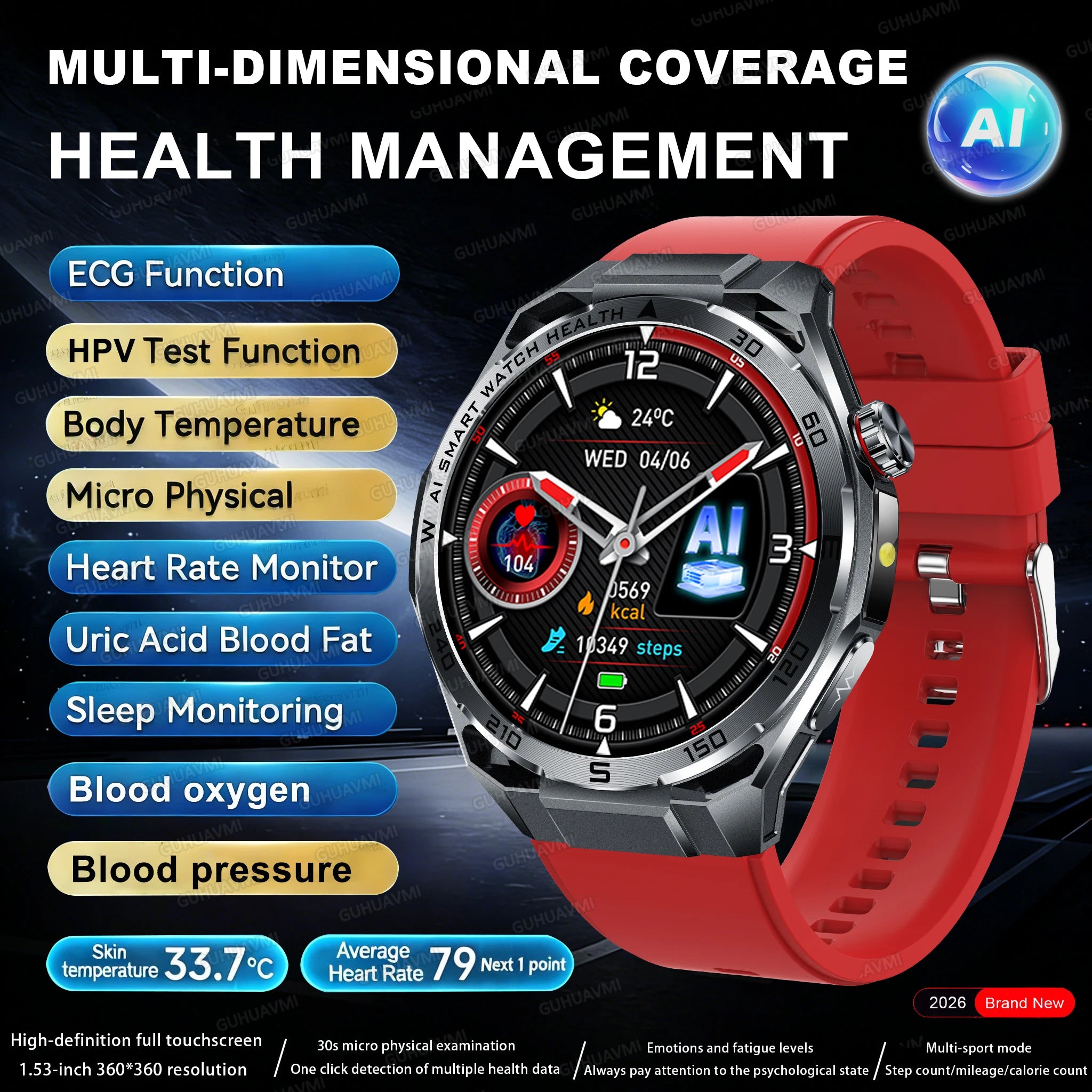 2026 ECG+PPG Health Smartwatch — Body Fat, Uric Acid & Bluetooth Call for Men & Women