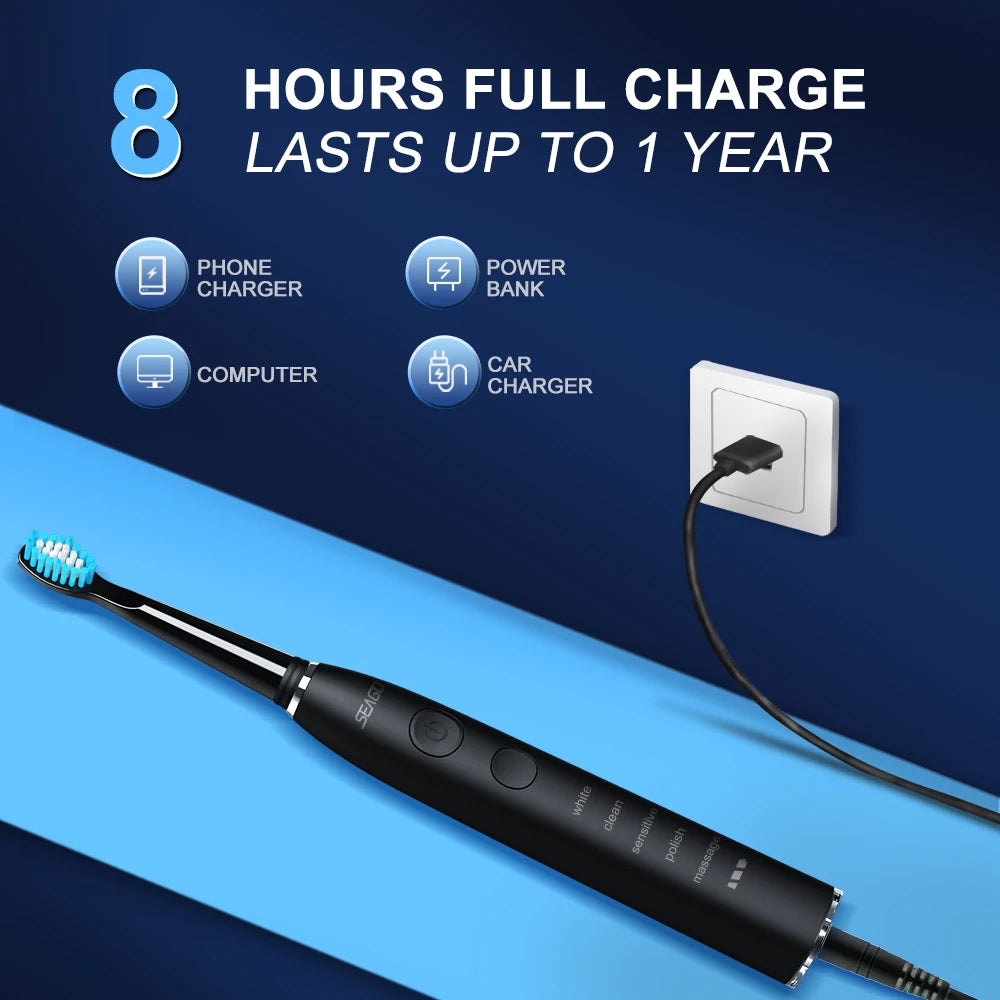 Seago SG-575 Electric Toothbrush — USB Rechargeable, 360-Day Battery, IPX7 with 4 Heads