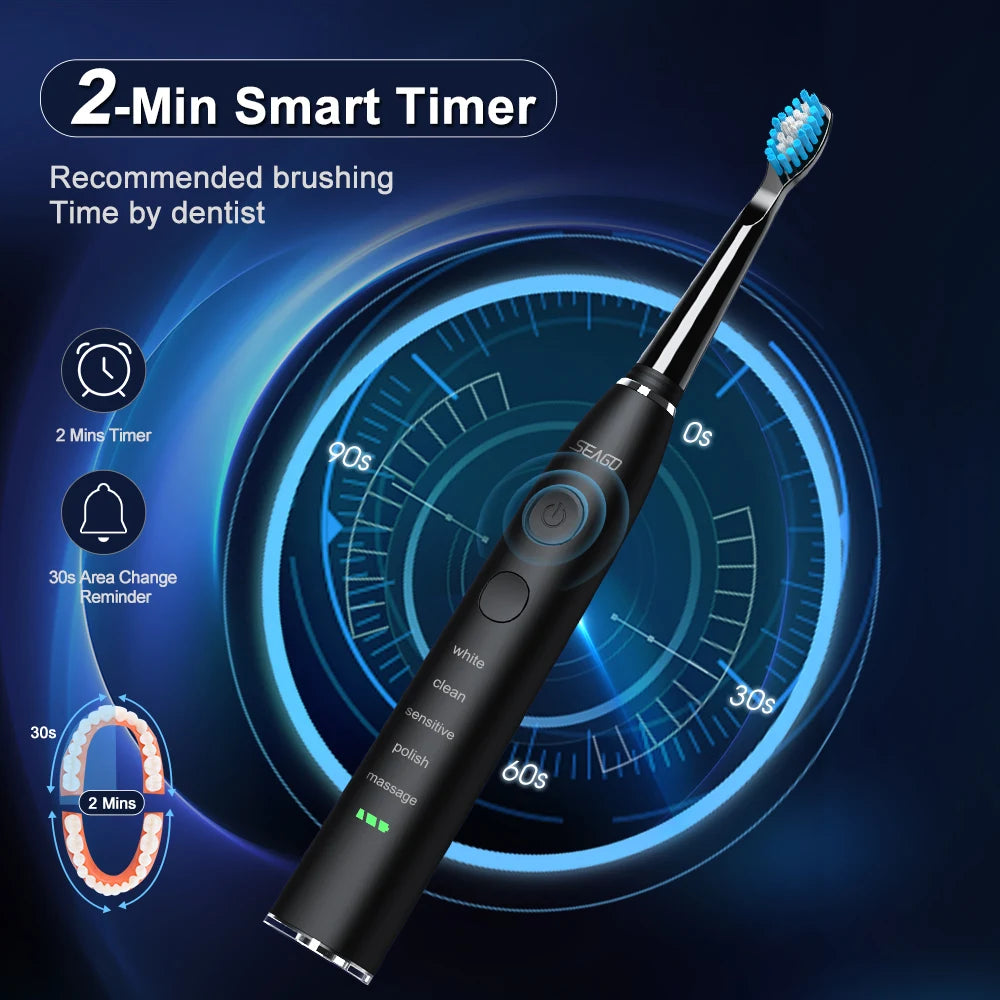 Seago SG-575 Electric Toothbrush — USB Rechargeable, 360-Day Battery, IPX7 with 4 Heads
