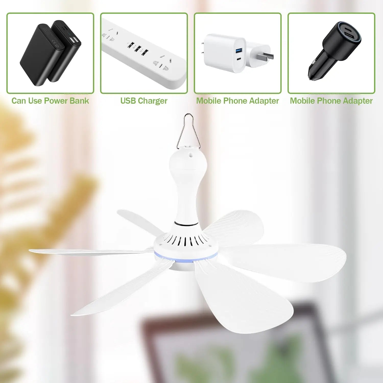 Silent 6-Blade USB Ceiling Fan — Remote Control, 4-Speed Hanging Fan for Camping & Tent