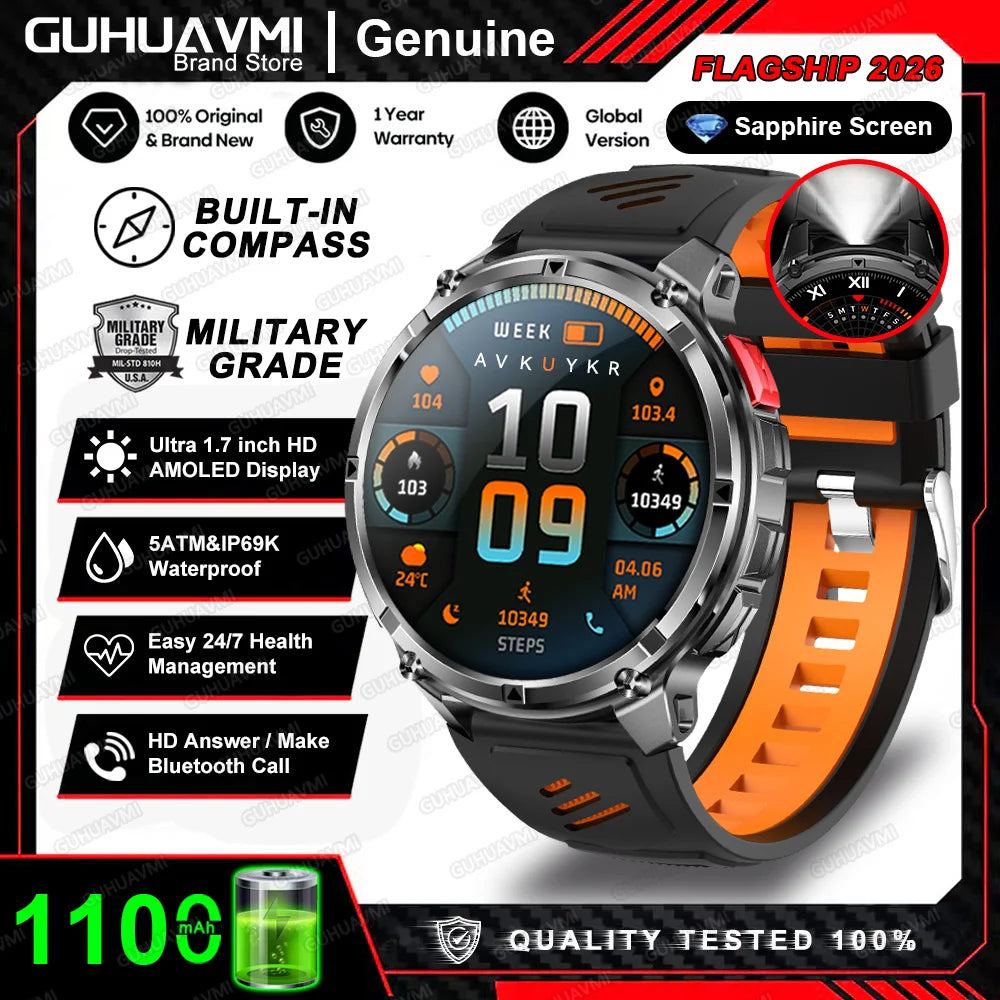 2026 T-Rex3 Pro Military Smartwatch — 1100mAh, GPS, 5ATM Waterproof & Compass