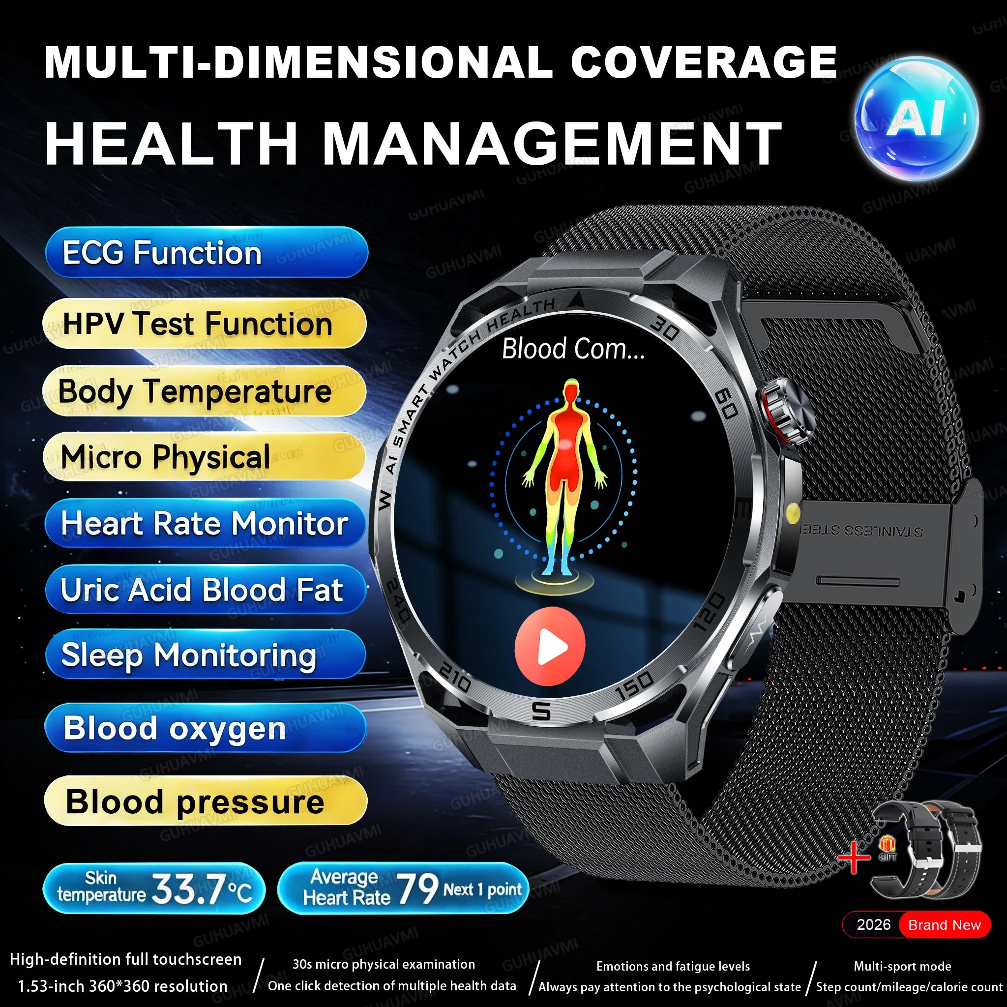 2026 ECG+PPG Health Smartwatch — Body Fat, Uric Acid & Bluetooth Call for Men & Women