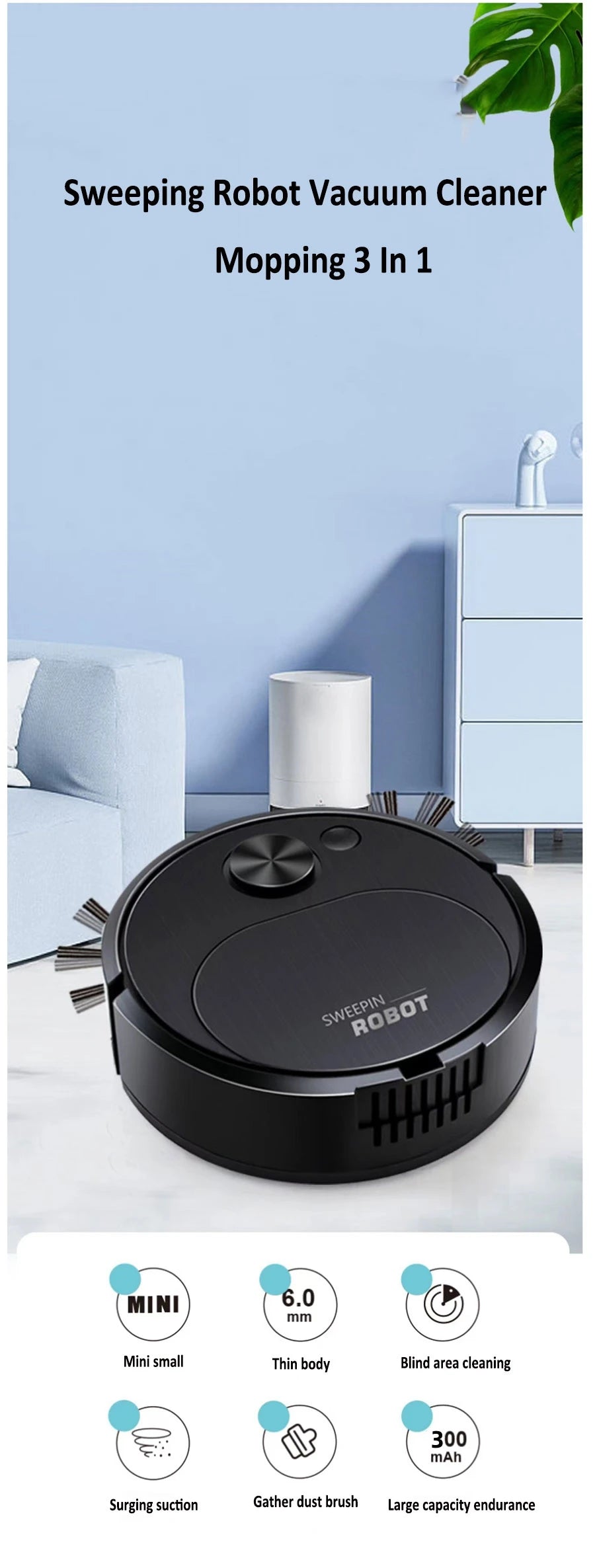 Smart USB Sweeping Robot 3-in-1 — 1800Pa Wireless Vacuum & Mop for Home & Office