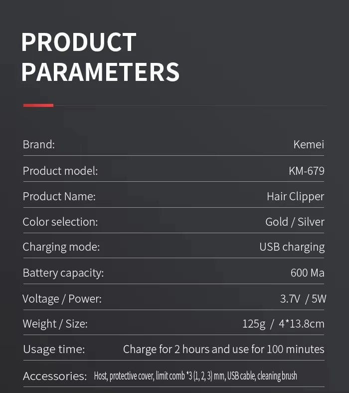 Kemei KM-679 Professional Hair Trimmer — Electric Cordless Clipper for Men
