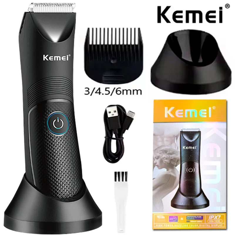 Kemei KM-1838 Waterproof Body Hair Trimmer — Ceramic Blade Wet & Dry Clipper for Intimate Areas