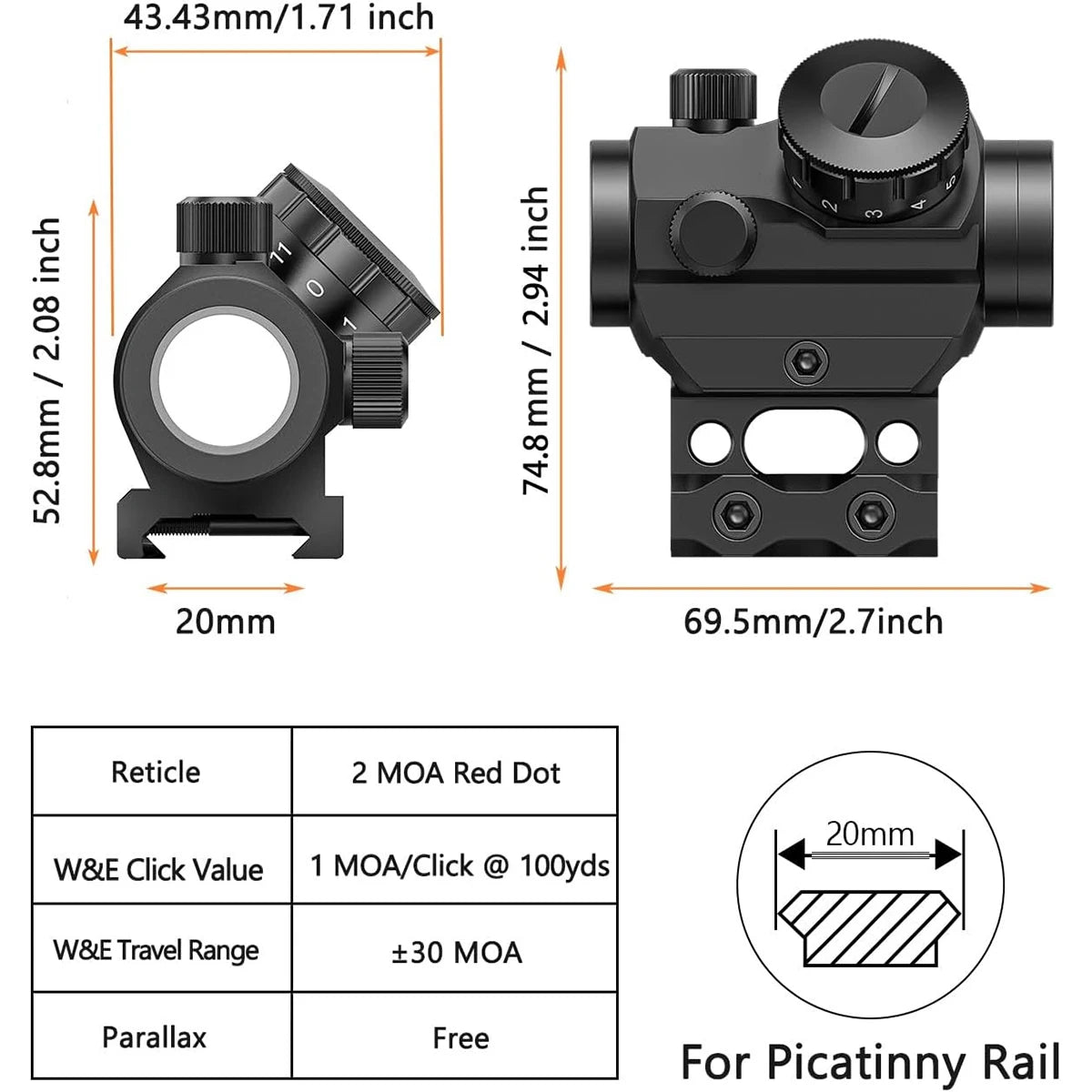 2MOA Red Dot Sight 1x25mm — Waterproof Shockproof Reflex Scope with Riser Mount