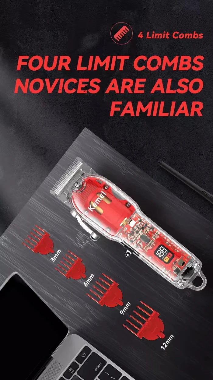 Kemei Rechargeable Hair Cutting Machine Barber Shop Fade Hair Clippers 10W Cordless Trimmer Transparent Cover Red Base KM-1761