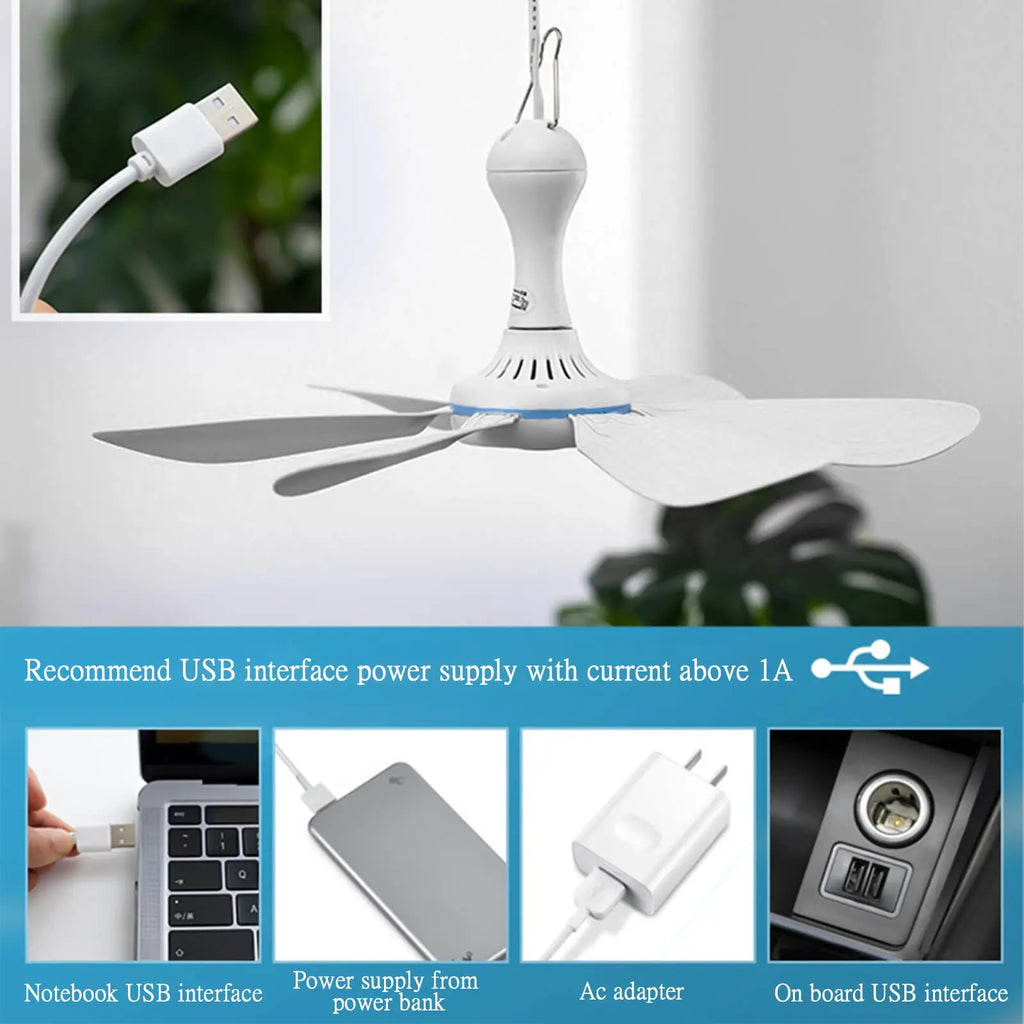 Silent 6-Blade USB Ceiling Fan — Remote Control, 4-Speed Hanging Fan for Camping & Tent