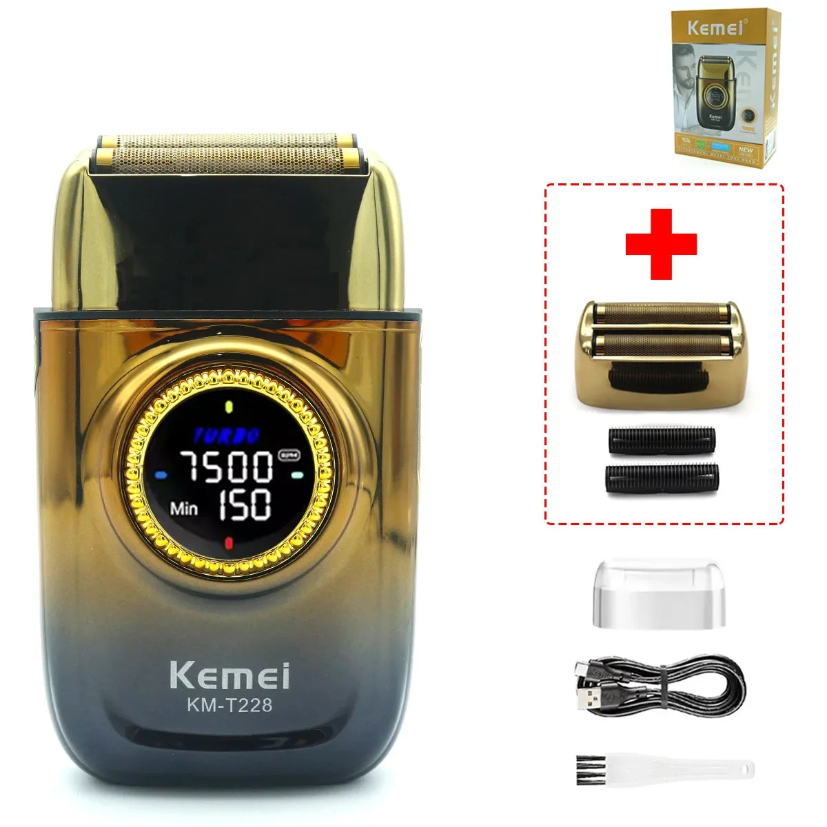 Kemei KM-T228 Professional Reciprocating Foil Shaver — Turbo High Speed, LCD, USB Fast Charge