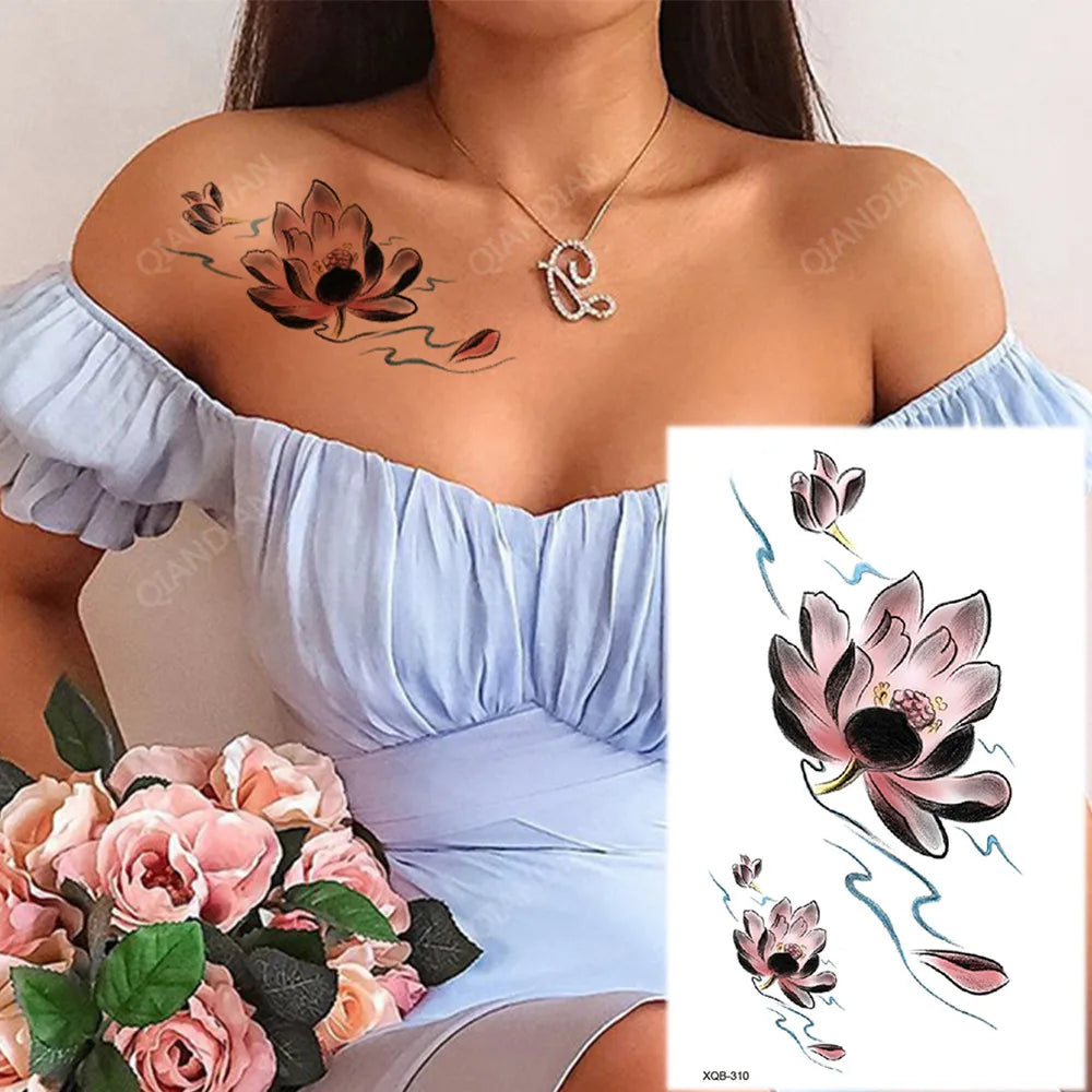 Floral Waterproof Temporary Tattoo — Rose, Lotus & Sunflower Body Art for Women