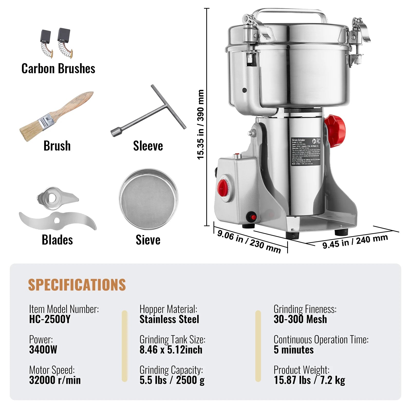 SucceBuy Commercial Grain Mill Grinder — 150-2500g Electric Swing Spice Grinder