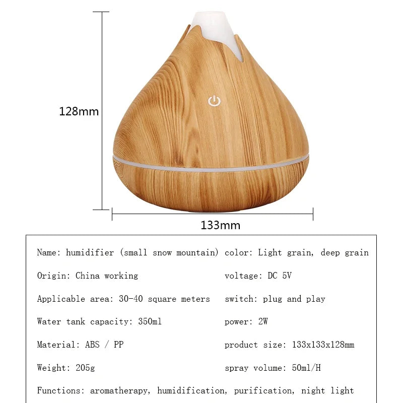350ml Wood Grain Aromatherapy Diffuser — Remote Control, 7-Color LED Ultrasonic Humidifier
