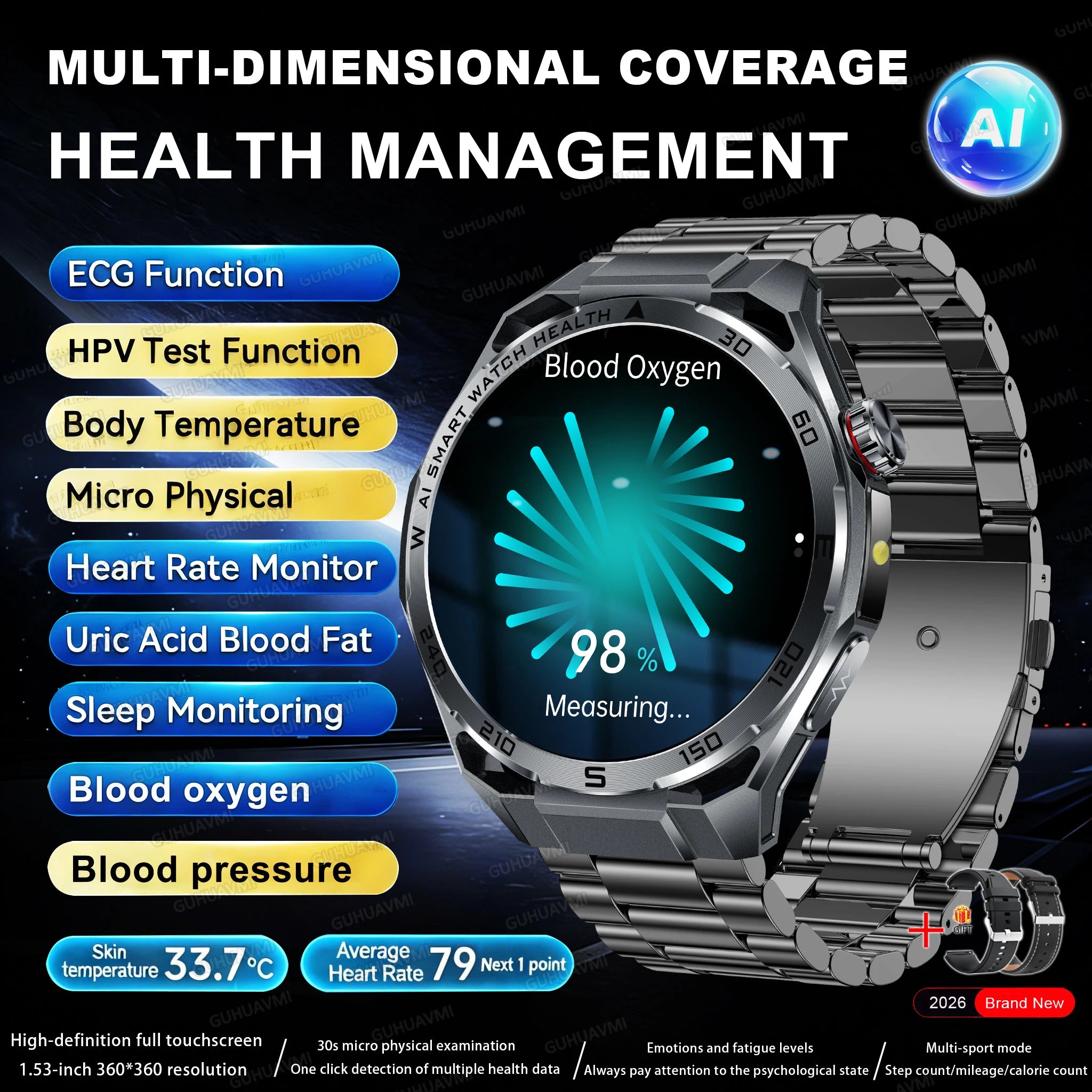 2026 ECG+PPG Health Smartwatch — Body Fat, Uric Acid & Bluetooth Call for Men & Women