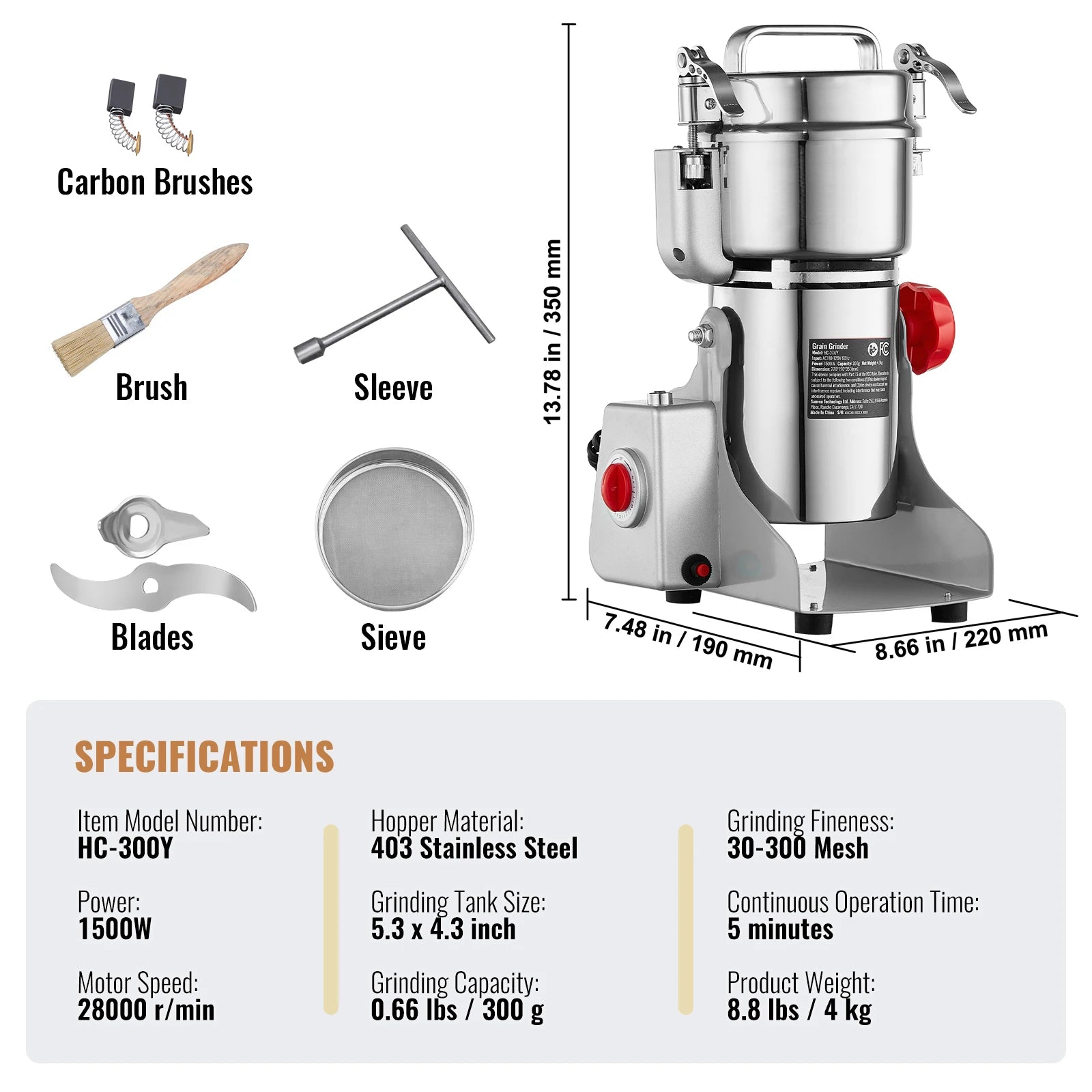 SucceBuy Commercial Grain Mill Grinder — 150-2500g Electric Swing Spice Grinder
