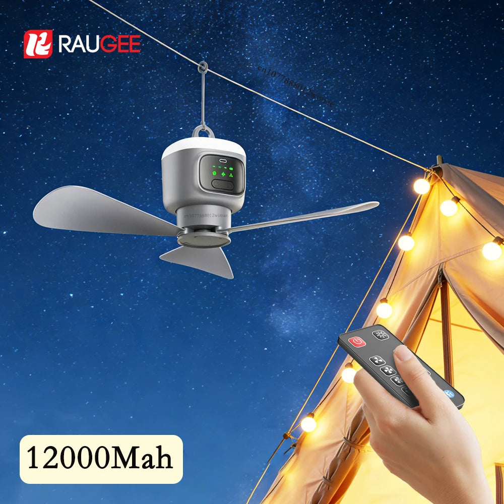 12000mAh Portable Camping Ceiling Fan — Remote Control, LED Light, USB Rechargeable