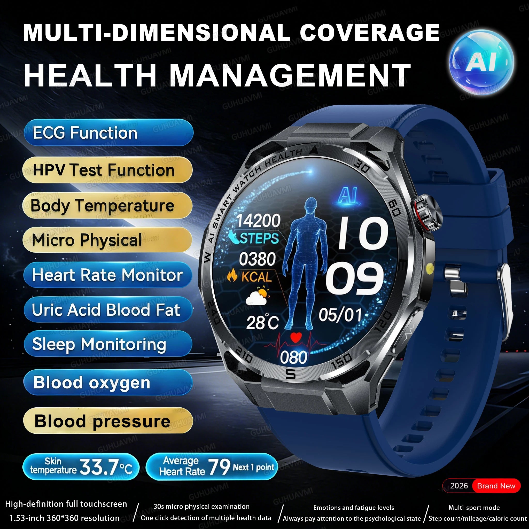 2026 ECG+PPG Health Smartwatch — Body Fat, Uric Acid & Bluetooth Call for Men & Women