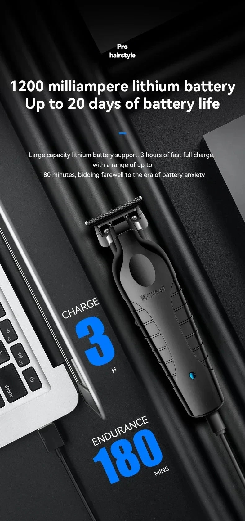 Kemei KM-2299 USB Fast Charging Hair Clipper — Professional Cordless Electric Trimmer