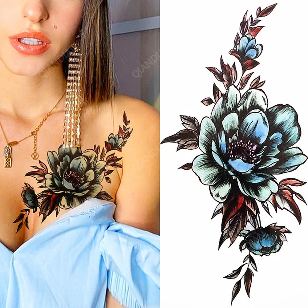 Floral Waterproof Temporary Tattoo — Rose, Lotus & Sunflower Body Art for Women