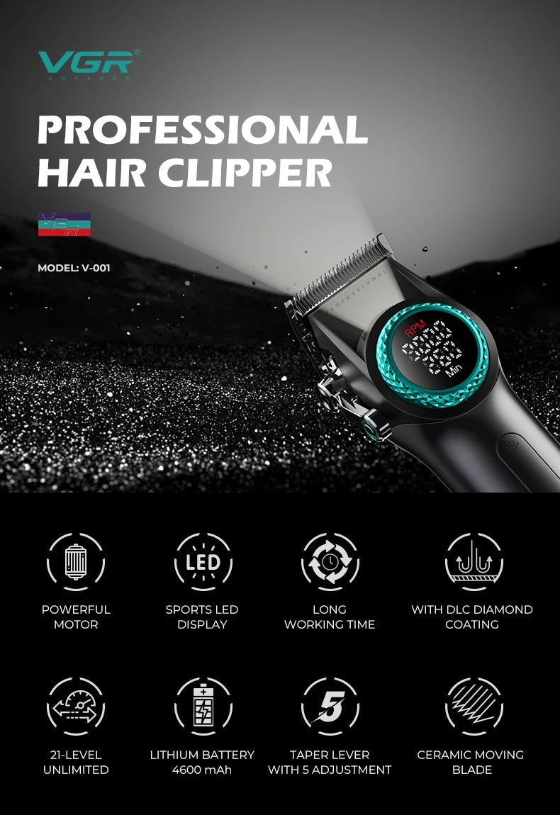 VGR Professional Hair Clipper — 12000RPM LED Digital Carving Electric Clipper V-001 & V-977