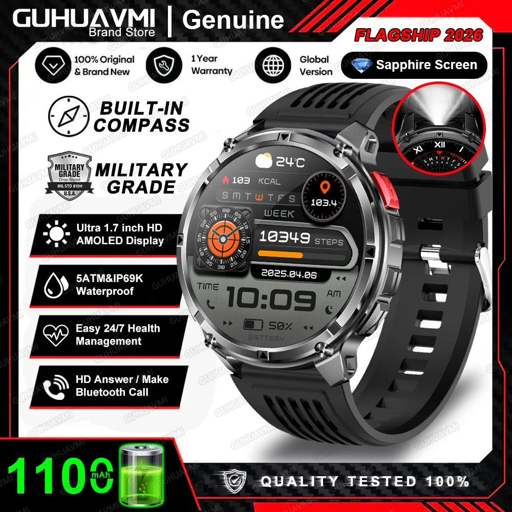 2026 T-Rex3 Pro Military Smartwatch — 1100mAh, GPS, 5ATM Waterproof & Compass