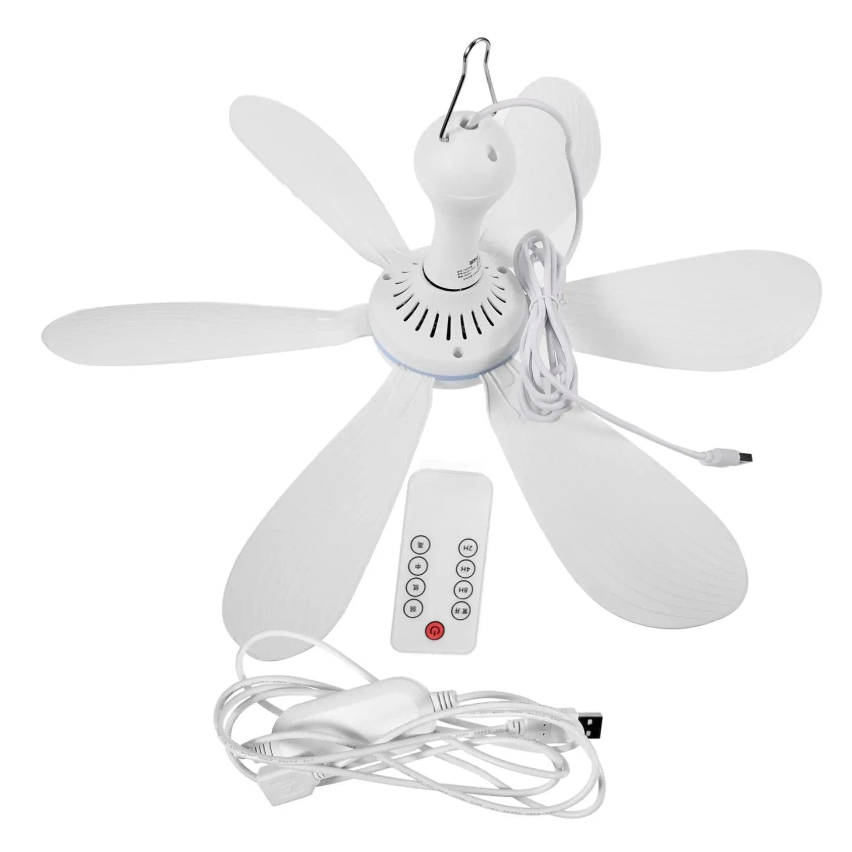 Silent 6-Blade USB Ceiling Fan — Remote Control, 4-Speed Hanging Fan for Camping & Tent