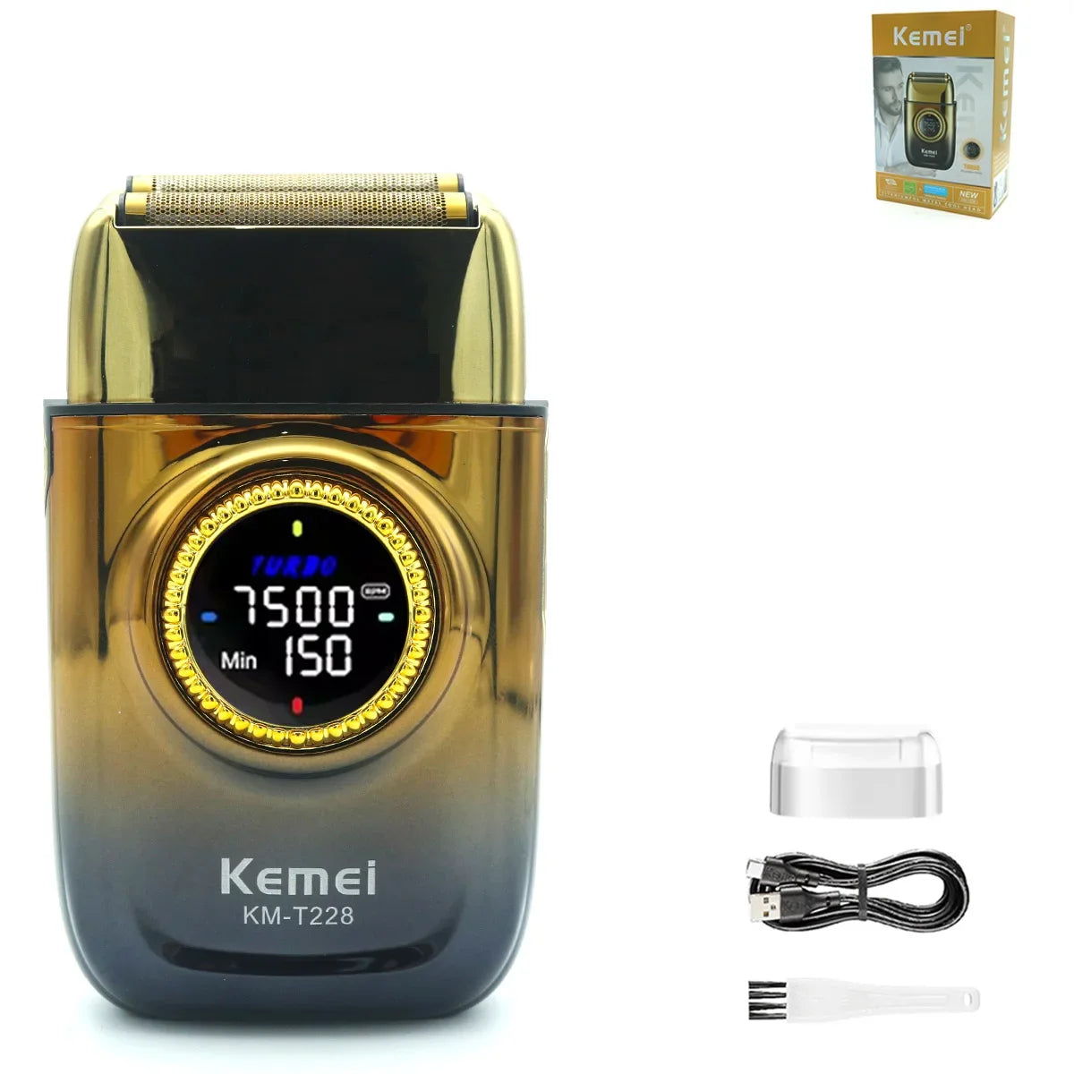 Kemei KM-T228 Professional Reciprocating Foil Shaver — Turbo High Speed, LCD, USB Fast Charge