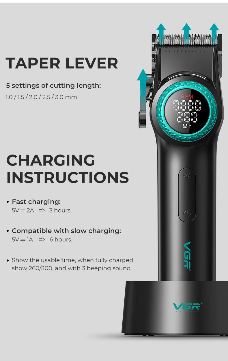 VGR Professional Hair Clipper — 12000RPM LED Digital Carving Electric Clipper V-001 & V-977