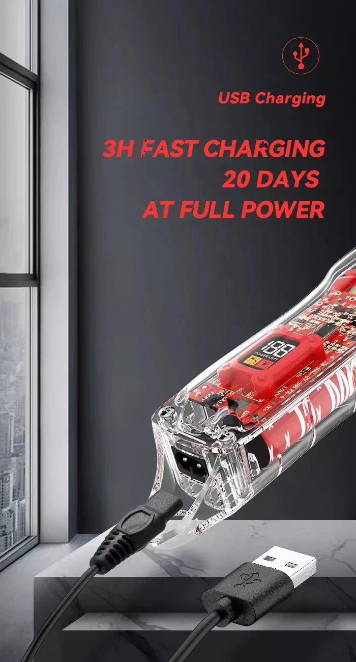 Kemei Rechargeable Hair Cutting Machine Barber Shop Fade Hair Clippers 10W Cordless Trimmer Transparent Cover Red Base KM-1761