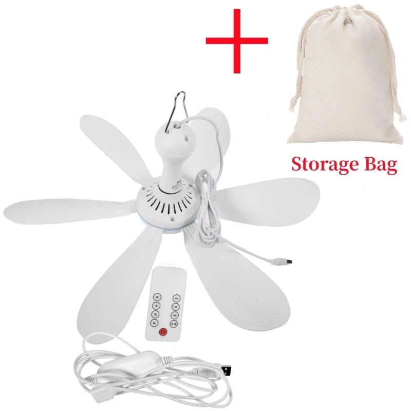 Silent 6-Blade USB Ceiling Fan — Remote Control, 4-Speed Hanging Fan for Camping & Tent