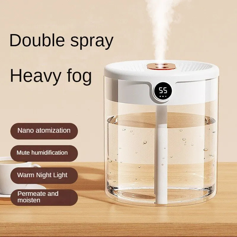 2L Double Spray Humidifier — Large Capacity Silent USB with Night Light & Digital Display