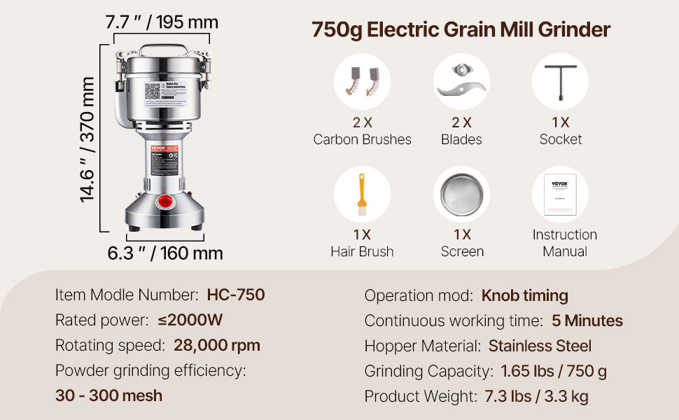 SucceBuy Commercial Grain Mill Grinder — 150-2500g Electric Swing Spice Grinder