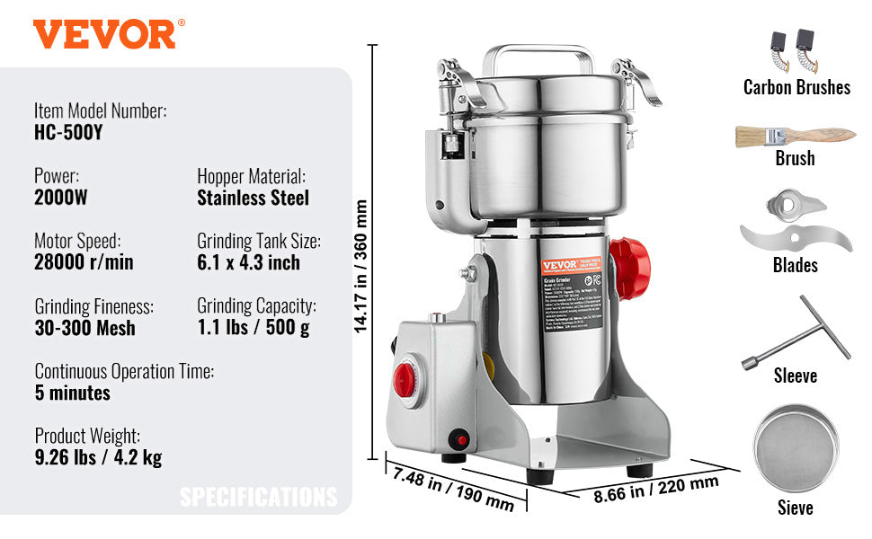 SucceBuy Commercial Grain Mill Grinder — 150-2500g Electric Swing Spice Grinder
