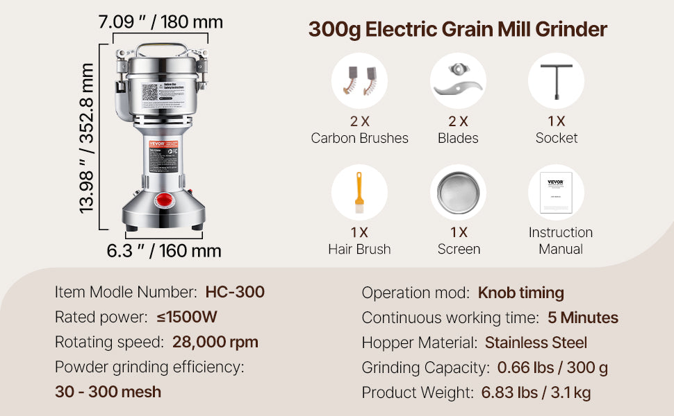 SucceBuy Commercial Grain Mill Grinder — 150-2500g Electric Swing Spice Grinder