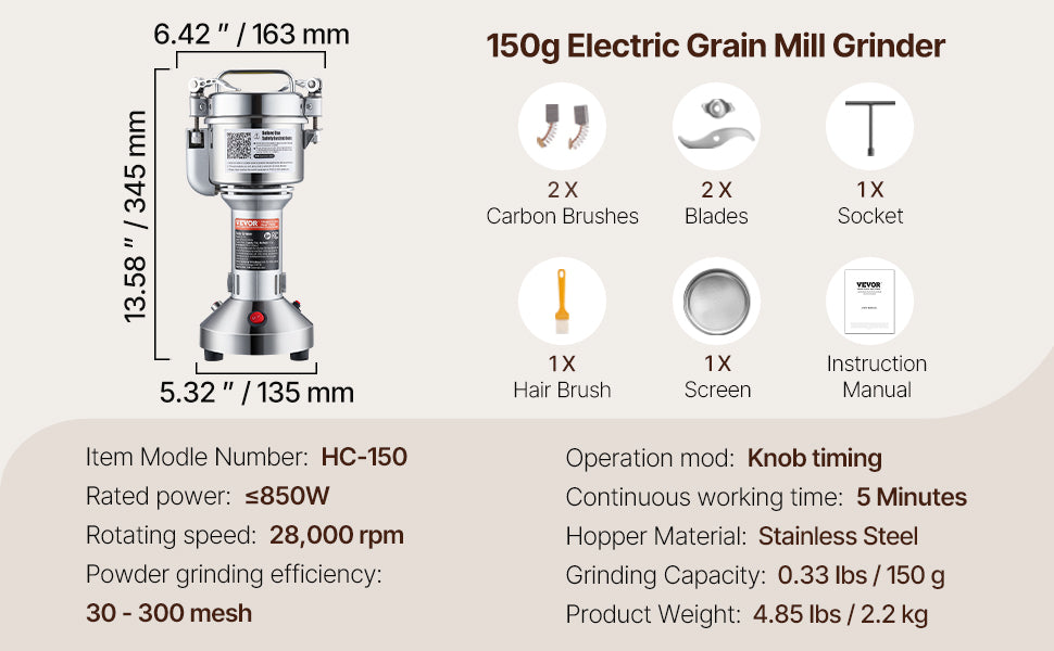 SucceBuy Commercial Grain Mill Grinder — 150-2500g Electric Swing Spice Grinder