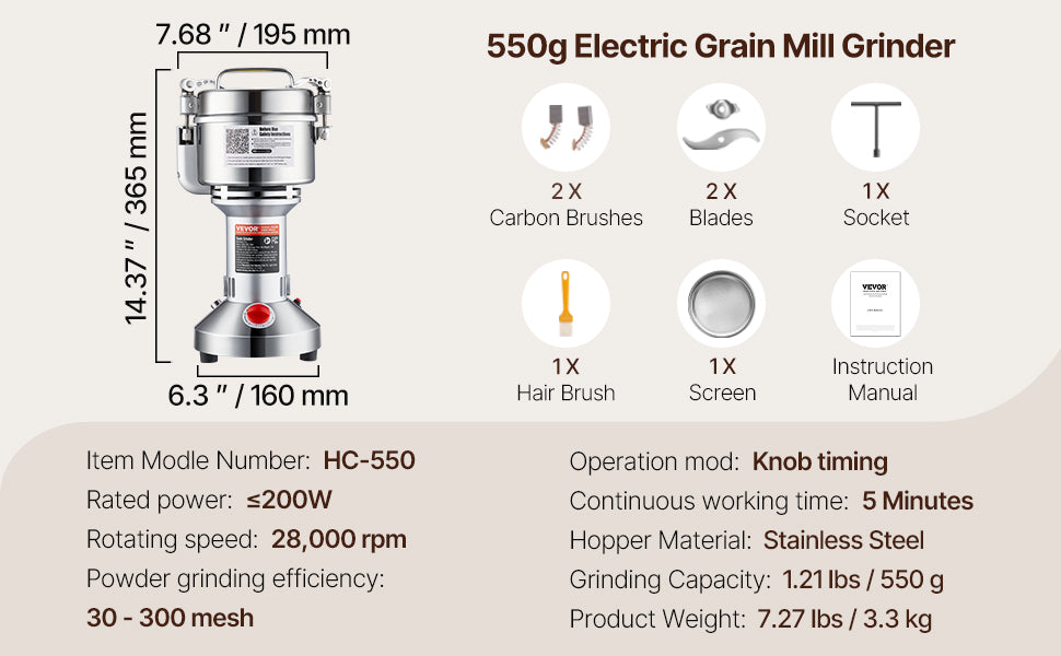 SucceBuy Commercial Grain Mill Grinder — 150-2500g Electric Swing Spice Grinder