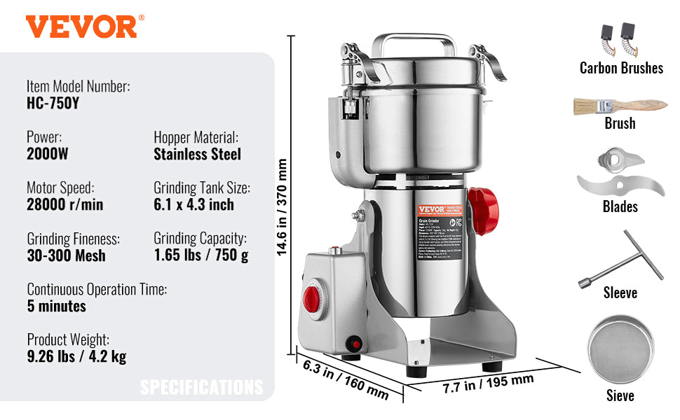 SucceBuy Commercial Grain Mill Grinder — 150-2500g Electric Swing Spice Grinder