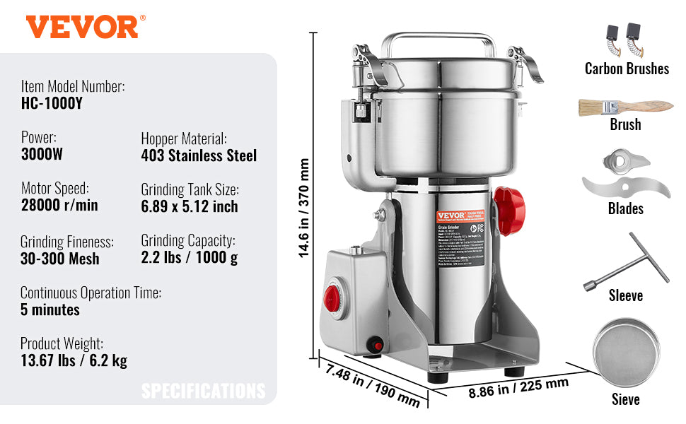 SucceBuy Commercial Grain Mill Grinder — 150-2500g Electric Swing Spice Grinder