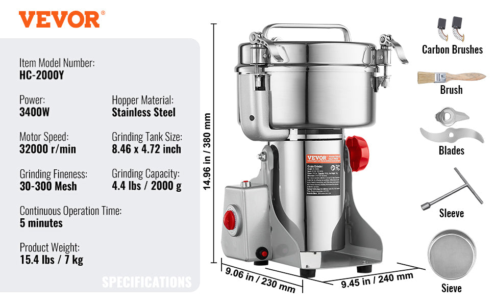 SucceBuy Commercial Grain Mill Grinder — 150-2500g Electric Swing Spice Grinder