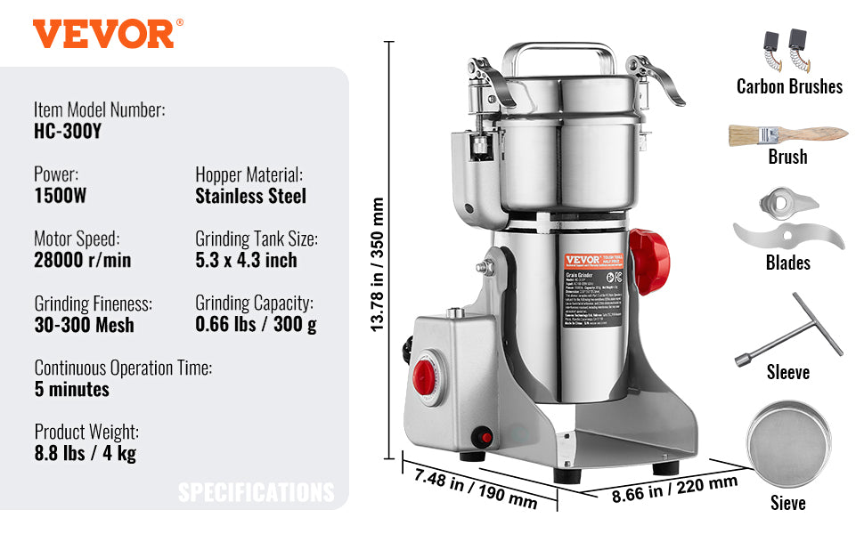 SucceBuy Commercial Grain Mill Grinder — 150-2500g Electric Swing Spice Grinder
