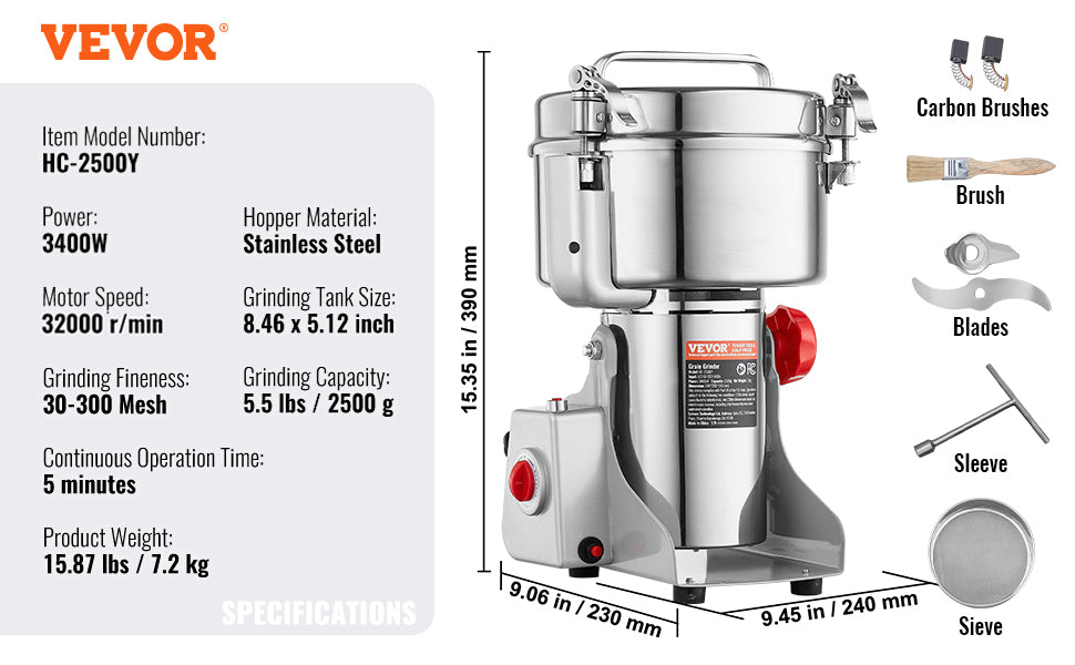 SucceBuy Commercial Grain Mill Grinder — 150-2500g Electric Swing Spice Grinder